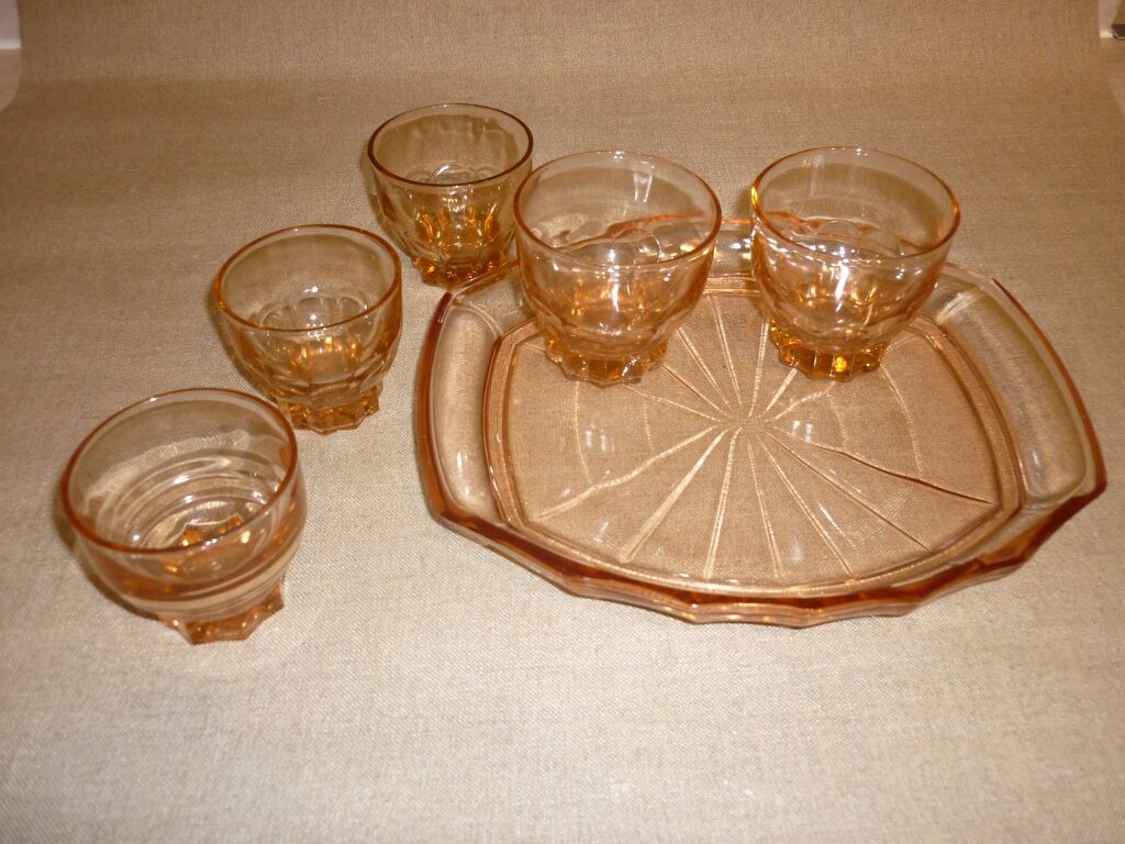 Rosé tray set and 5 art deco glasses
