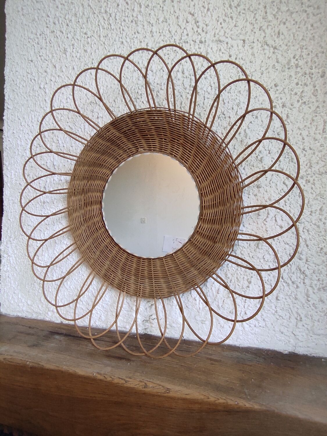 Miroir fleur soleil vintage en osier rotin verre biseauté