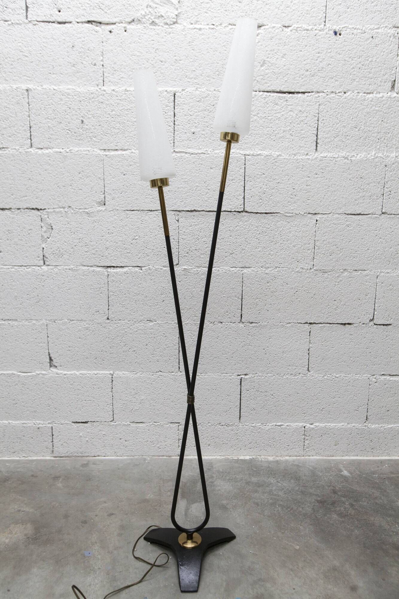 Arlus floor lamp with tripod base and 2 ribbed glass lamps 1950