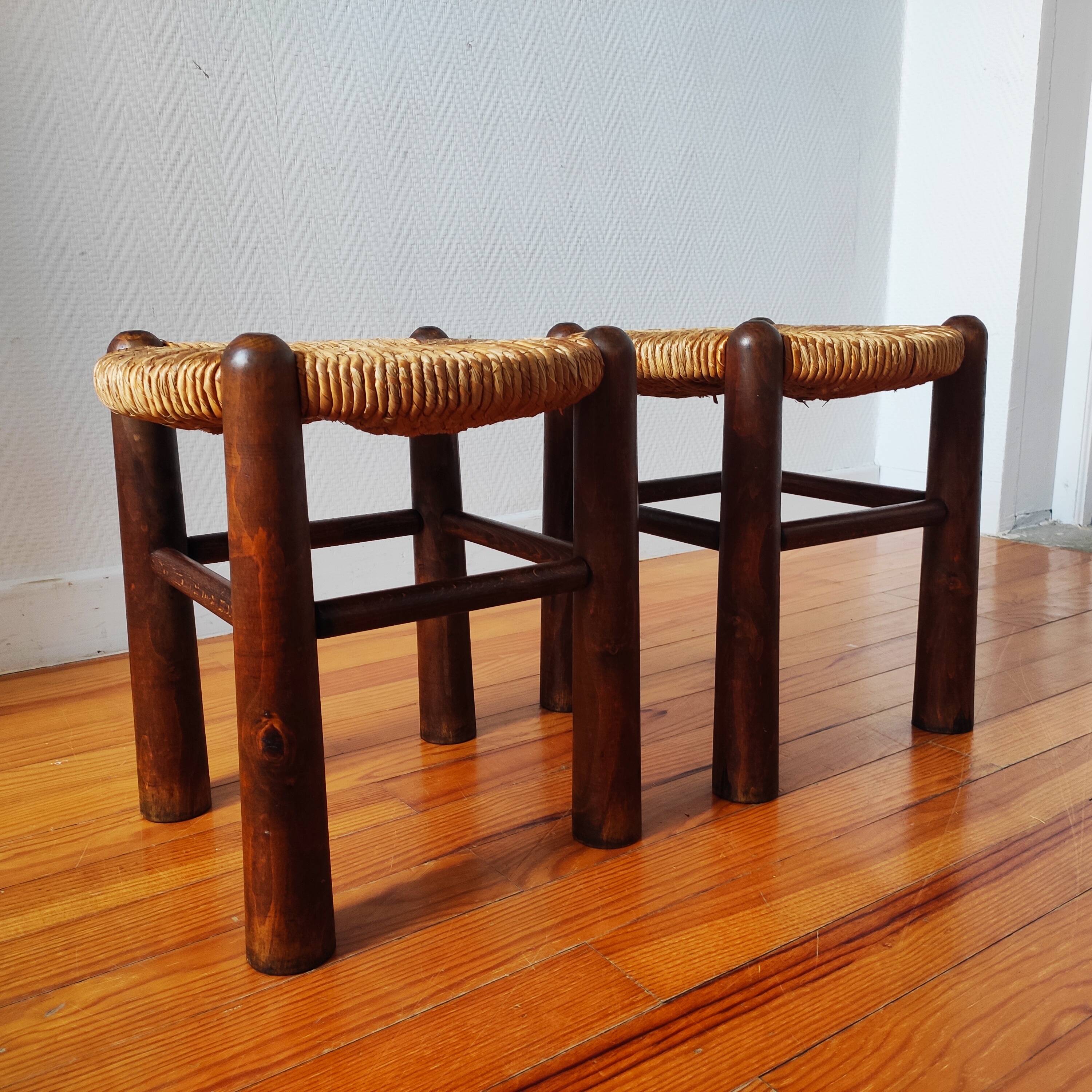 Brutalist wooden and straw stools - France 1950