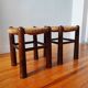 Brutalist wooden and straw stools - France 1950
