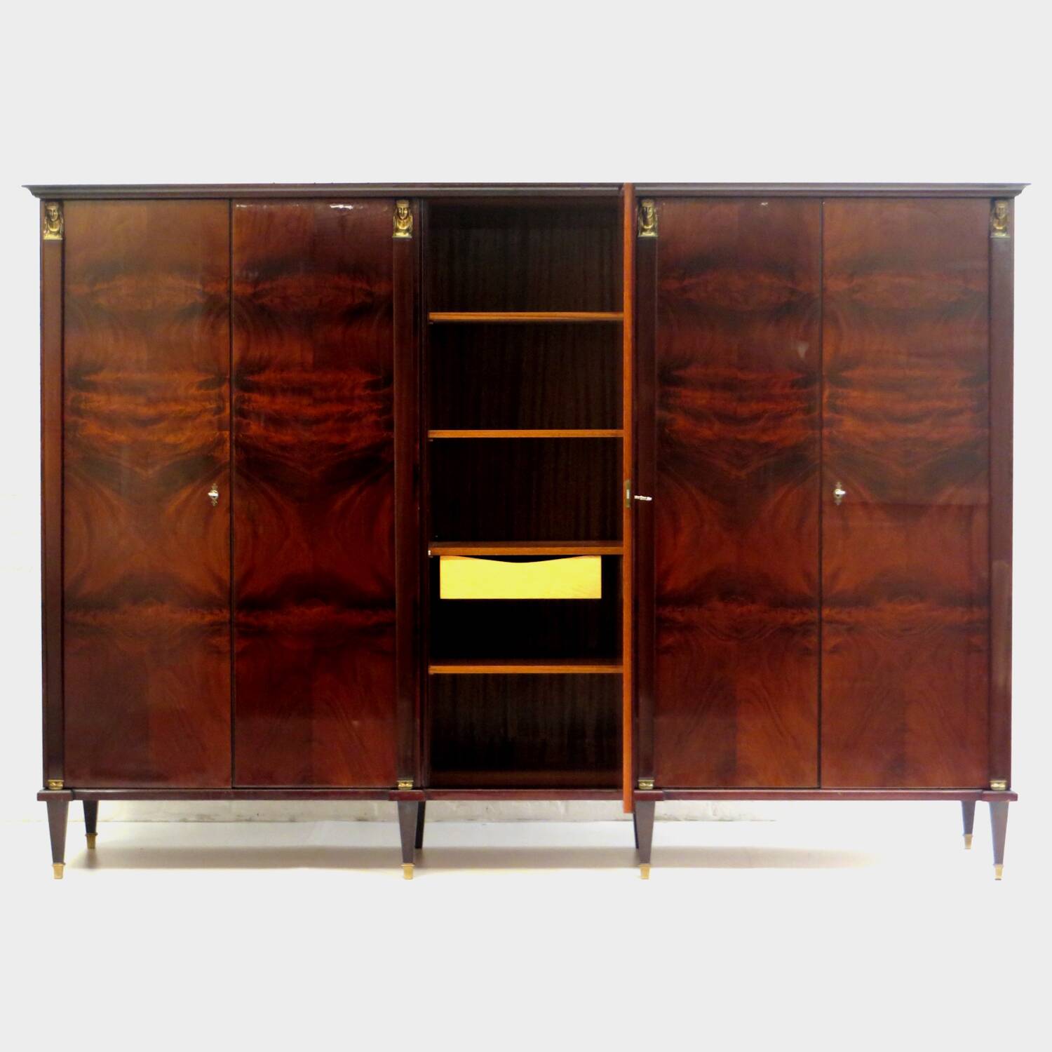 Large 5-door Art Deco wardrobe in flame mahogany, 1920s – 1930s