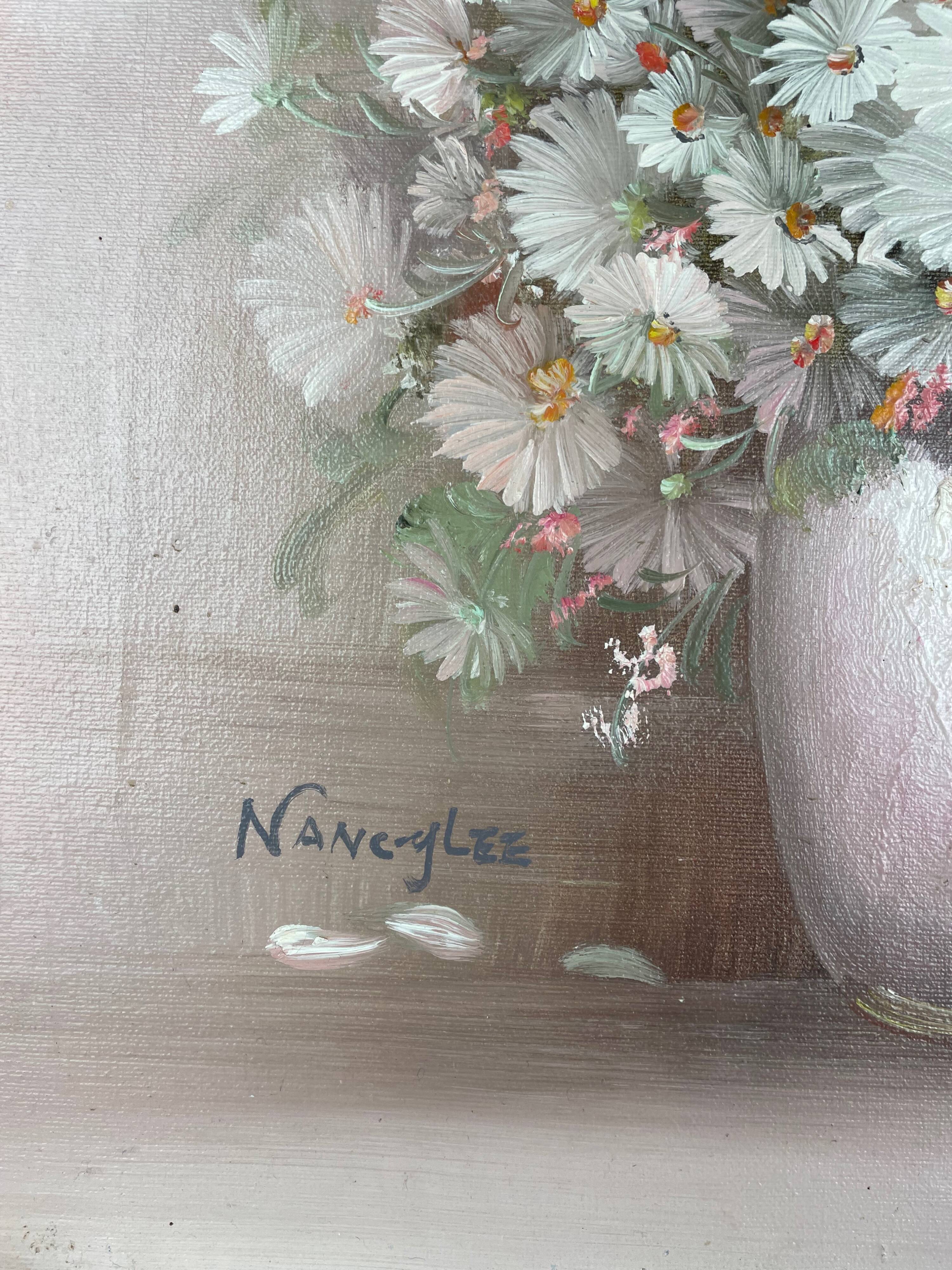 Oil painting still life daisies signed Nancy Lee