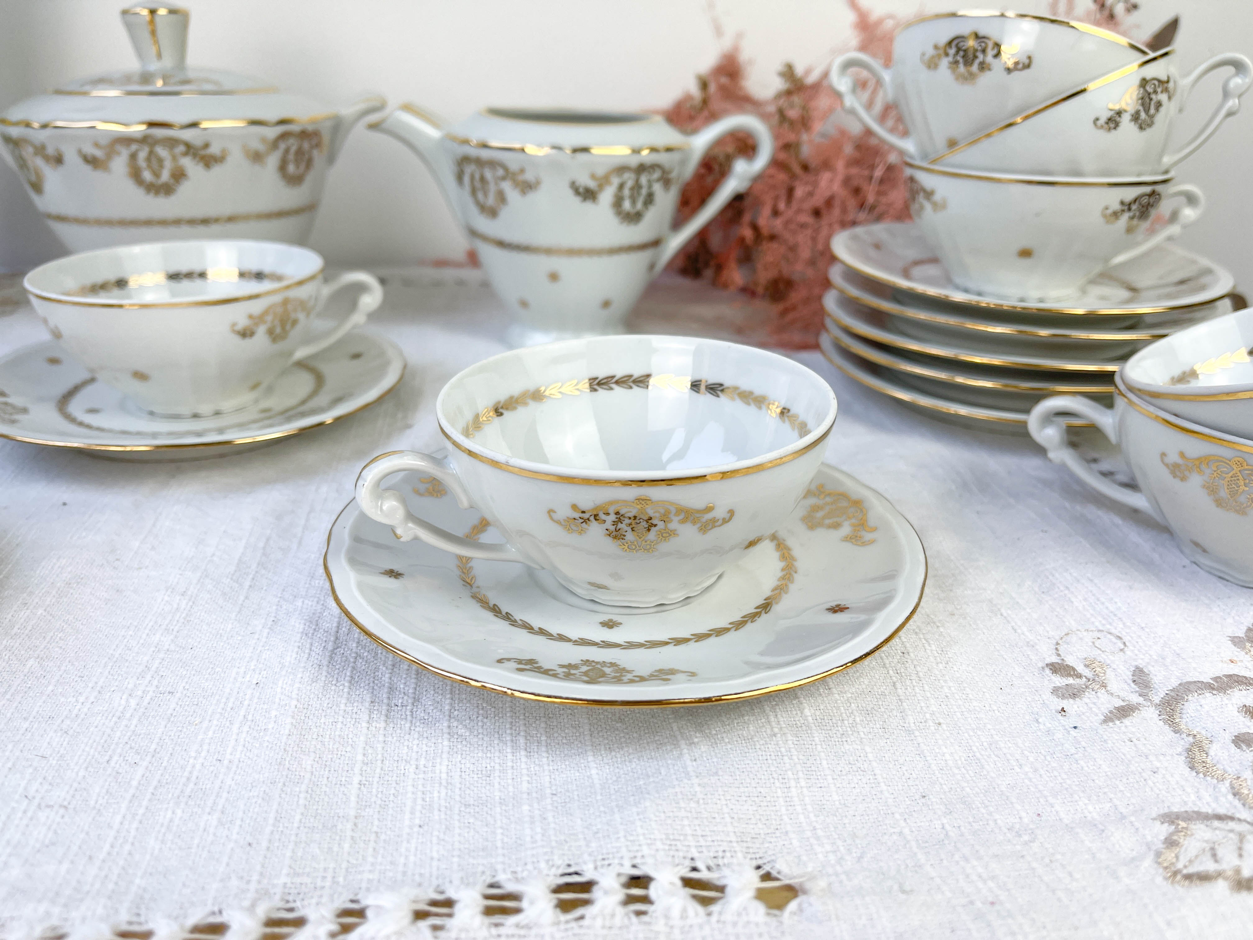 Vintage tea set in golden white porcelain CHAUVIGNY LIMOGES