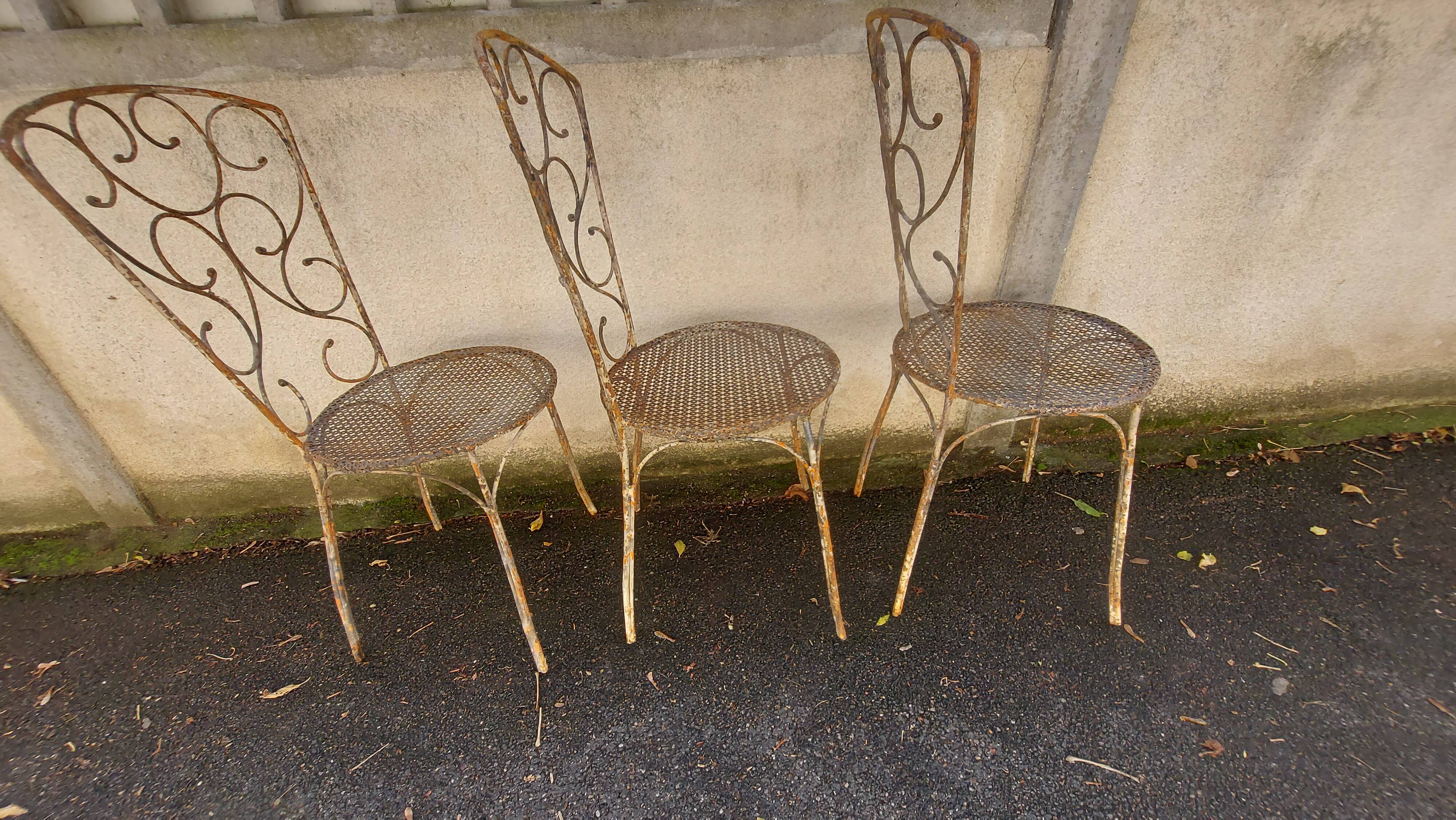 Set of 3 wrought iron garden chairs, rigitulle seat 1940/50