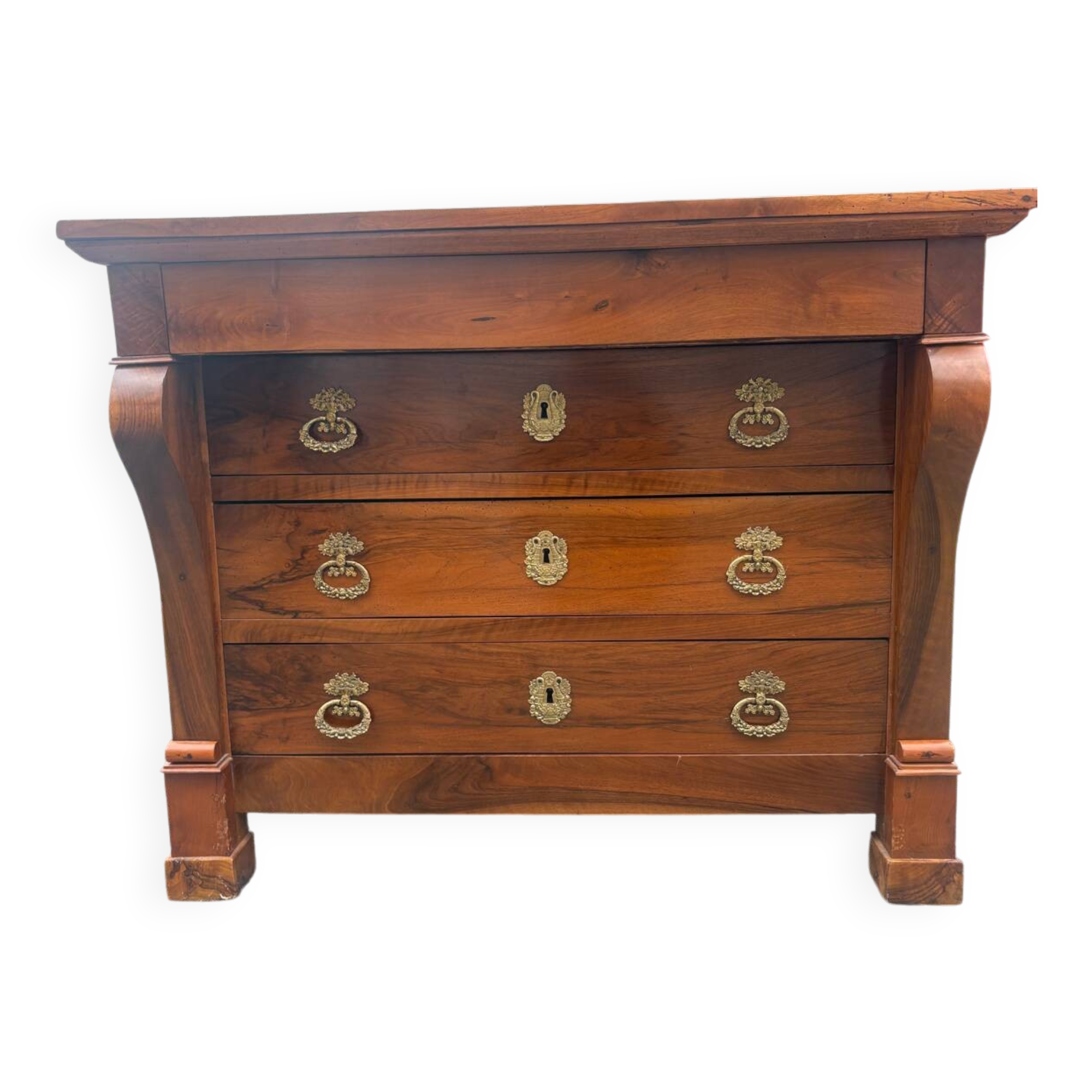 Restoration period walnut chest of drawers with a scroll handle