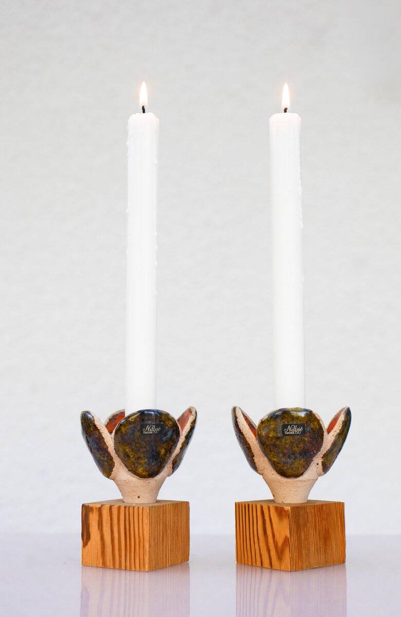 Bougeoirs en céramique et en bois de Nittsjö, Suède, années 1970, ensemble de 2