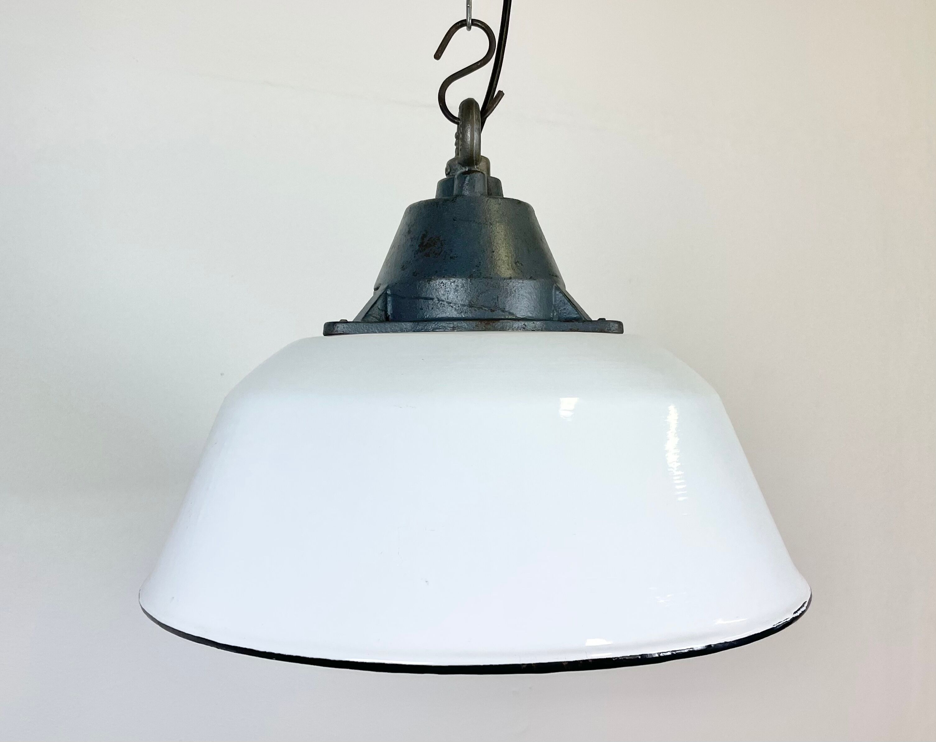 White Enamel and Cast Iron Industrial Pendant Light, 1960s