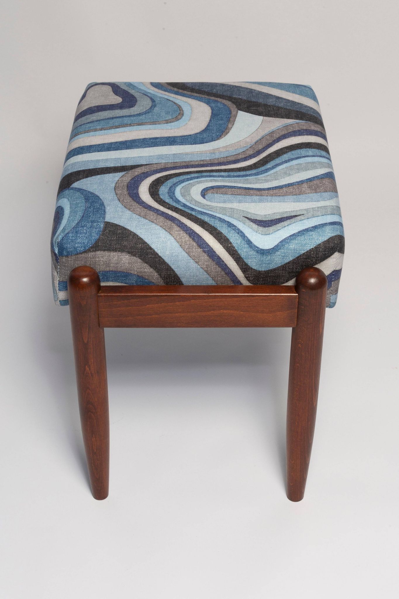 Set of two GFM stools in blue linen, mid-century style, Edmund Homa, Europe, 1960s.