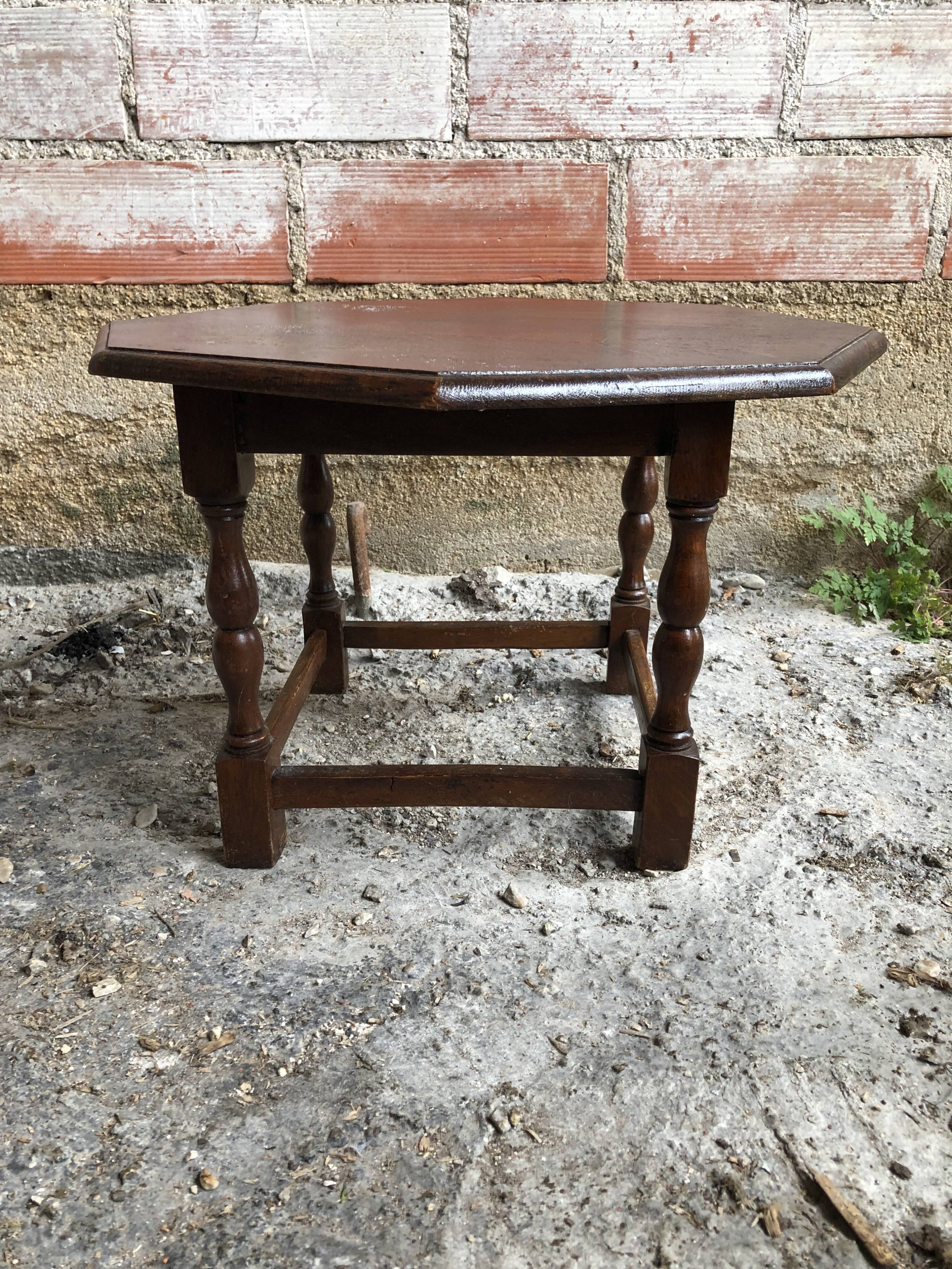 Old octagonal coffee table wood turned feet vintage