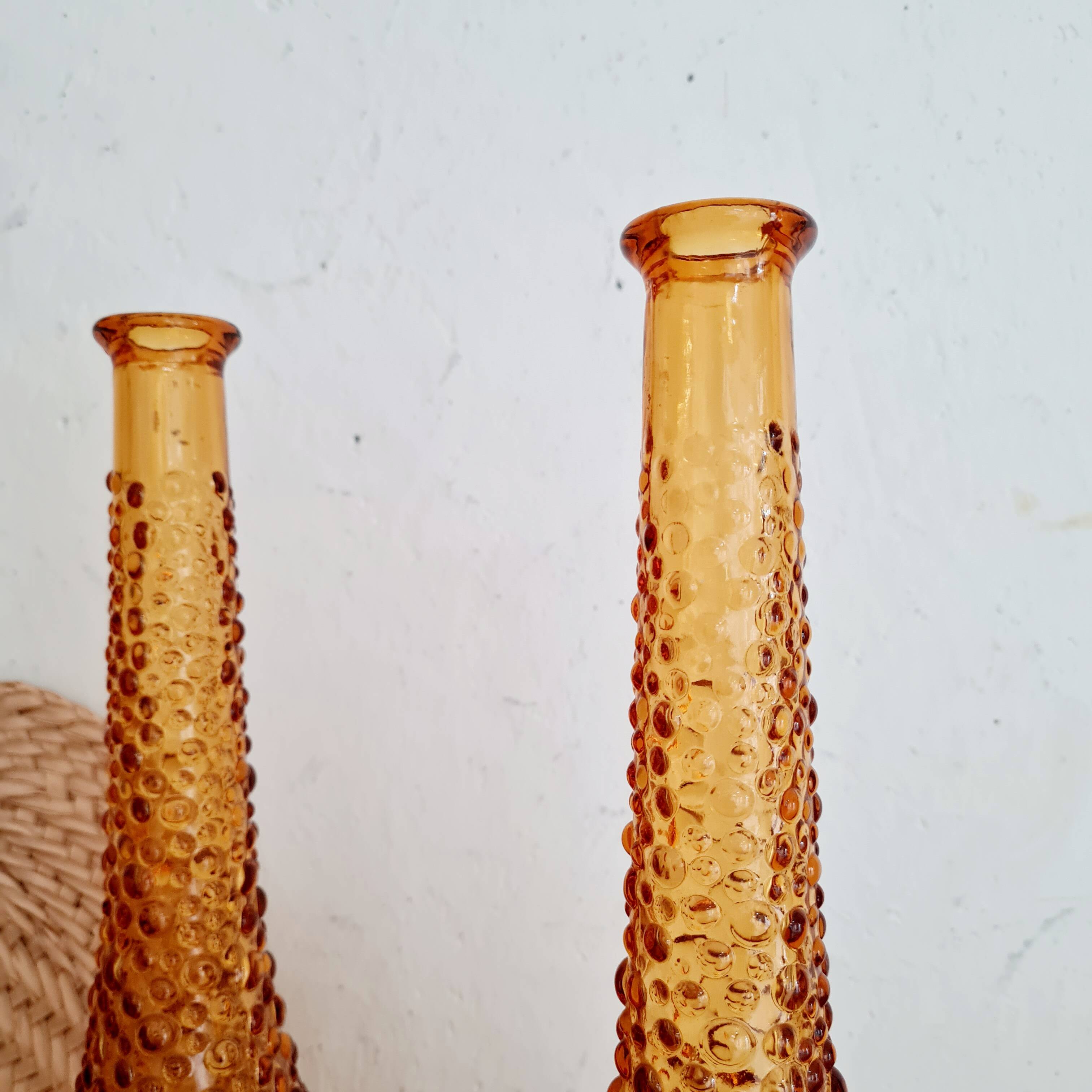 Pair of Italian Empoli vases in amber bubbled glass