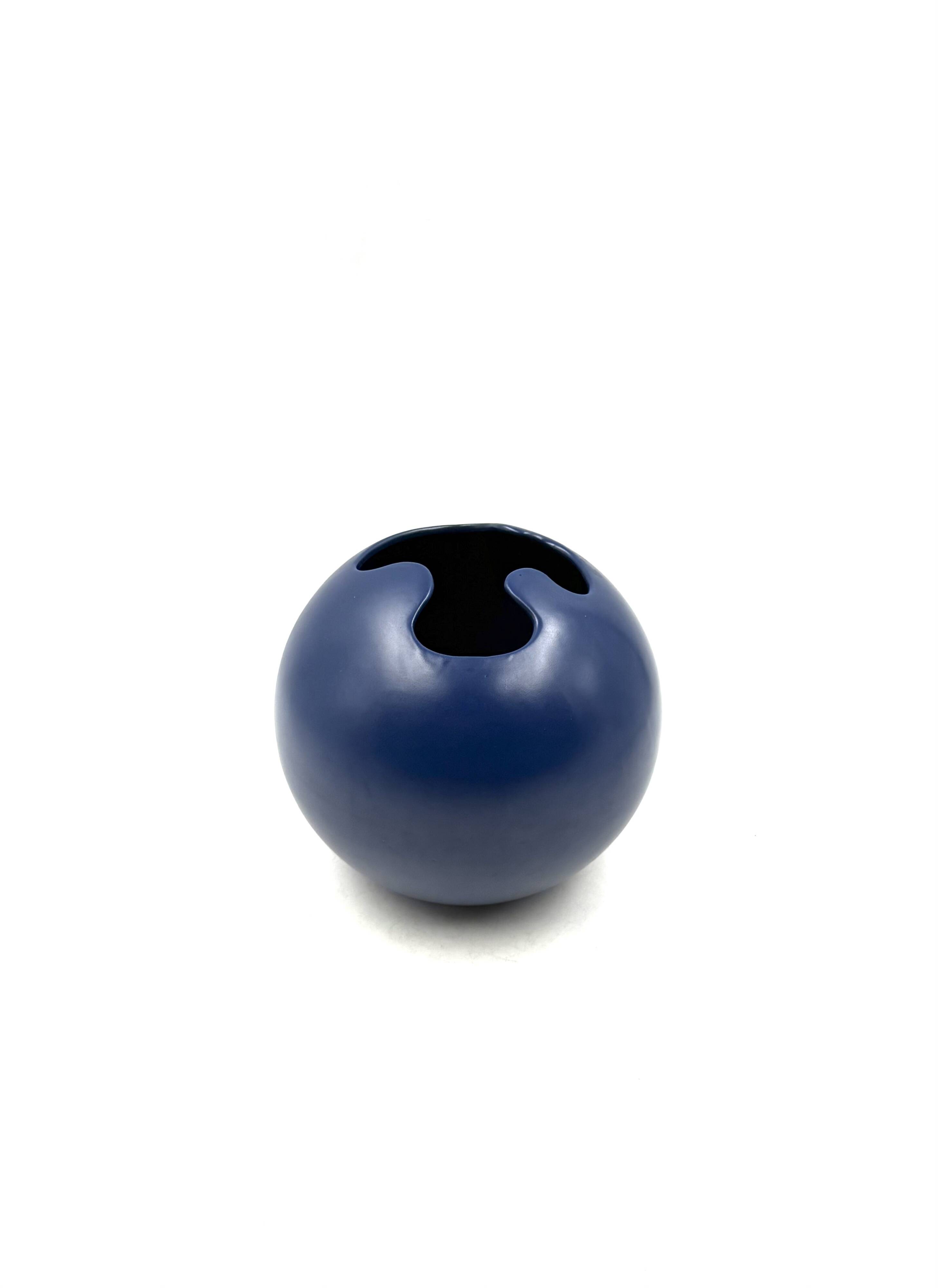 Modern blue spherical ceramic vase, Italy 1970