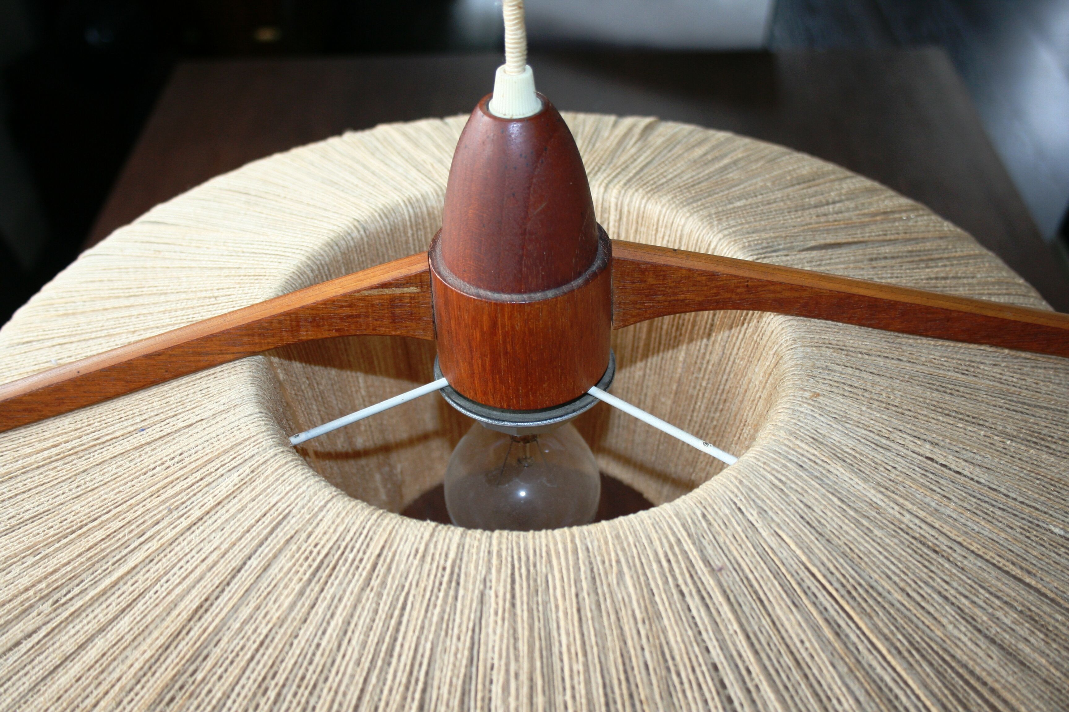 Scandinavian hanging lamp in teak and rope