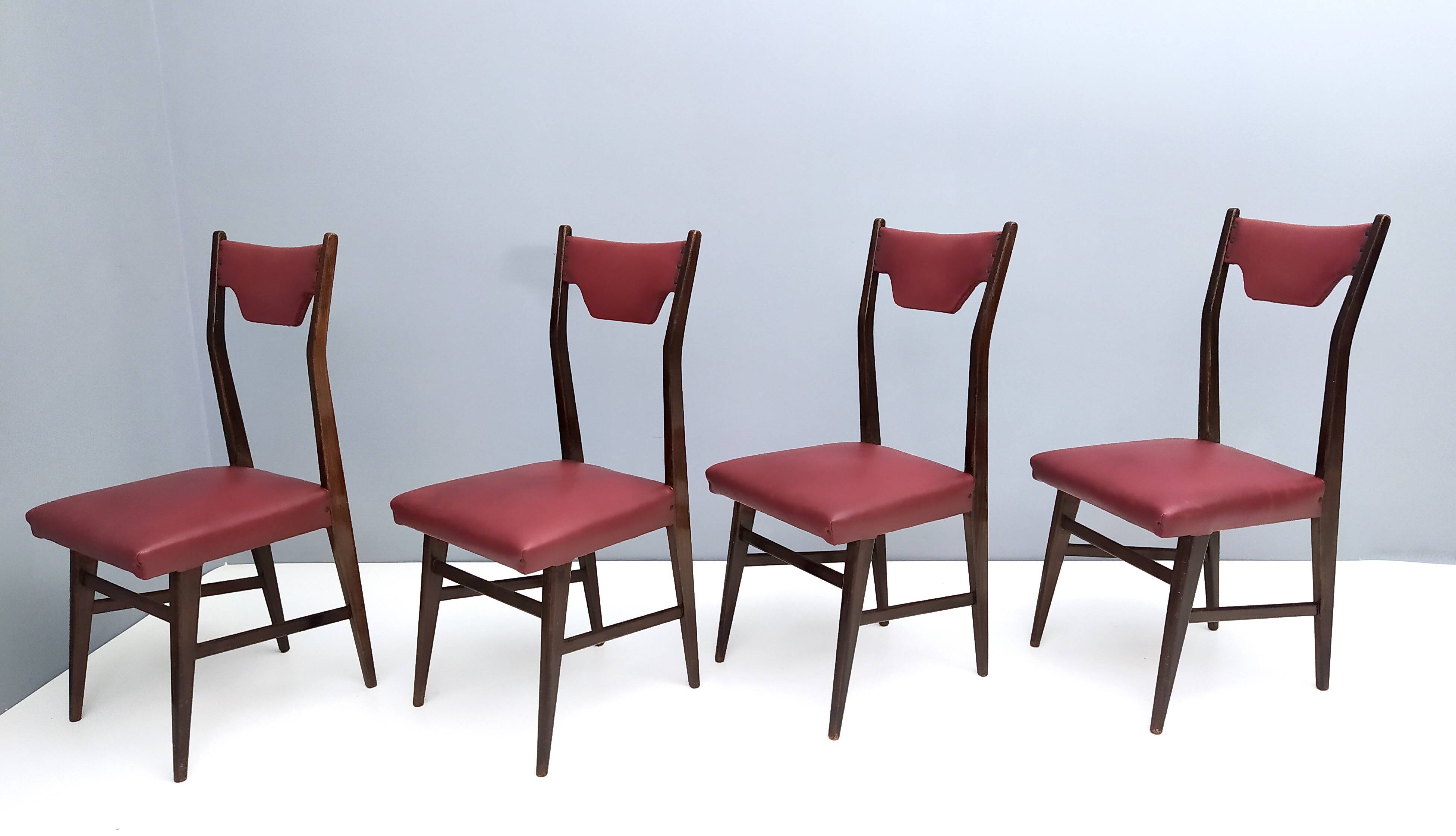 Set of Four Vintage Ebonized Beech and Crimson Skai Dining Chairs, Italy