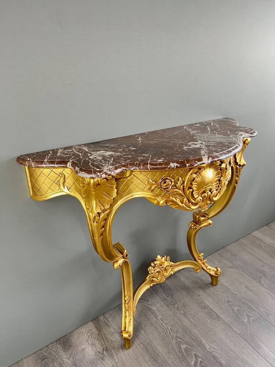 Louis XV Style Wall Console in Gilded Wood and Marble, 19th Century