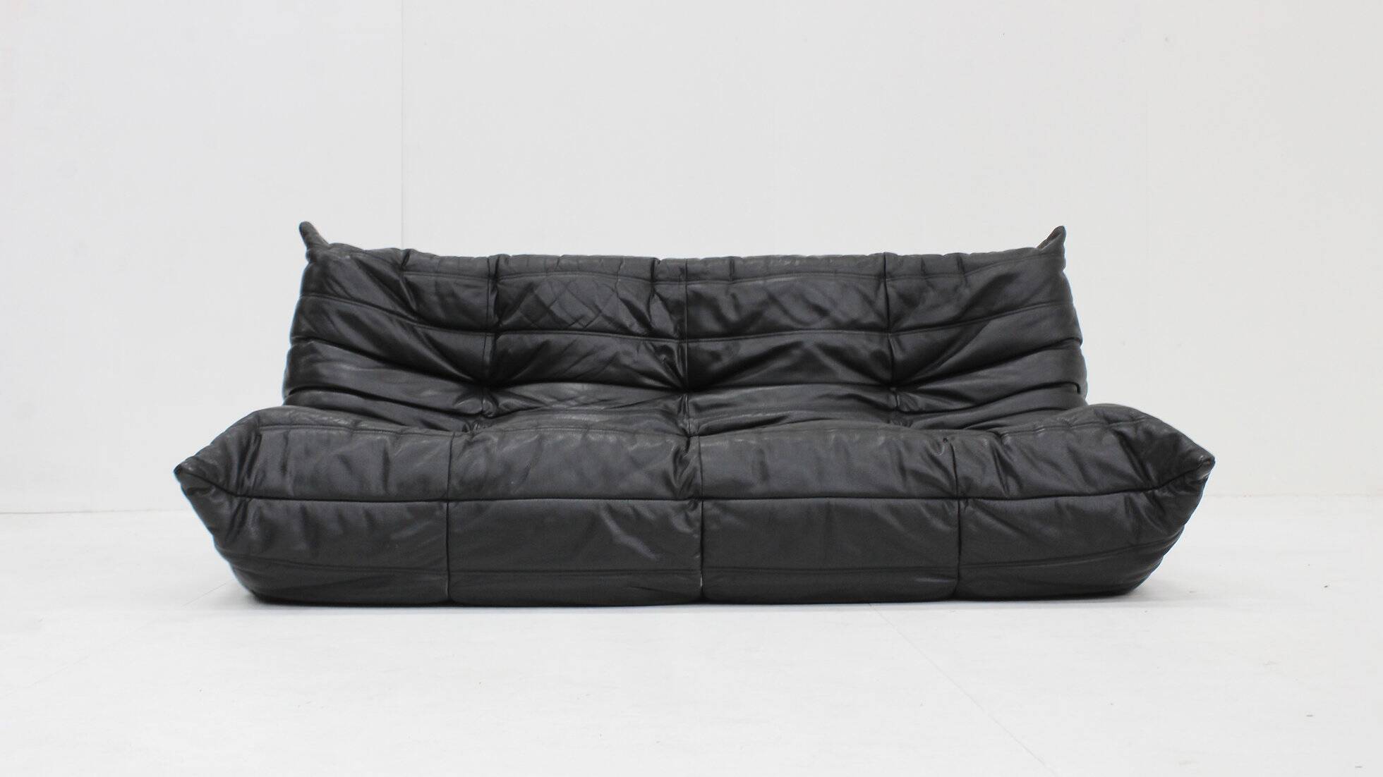 Vintage Togo Ligne Roset 3 seater sofa black leather by Michel Ducaroy 1990s