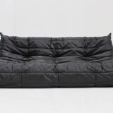 Vintage Togo Ligne Roset 3 seater sofa black leather by Michel Ducaroy 1990s