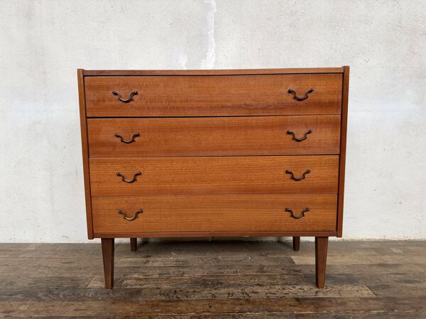 Superbe commode vintage en teck – Design élégant & poignées métal noir