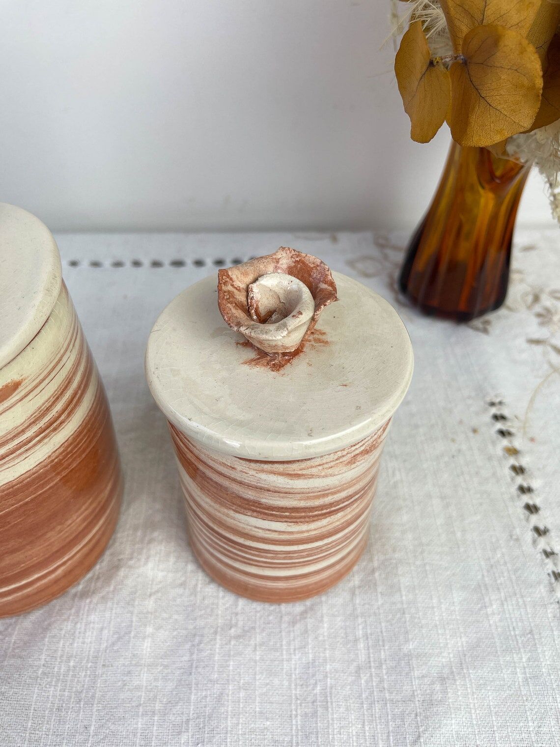 Set of 3 artisanal ceramic boxes signed Oupi Kiri vintage 50s