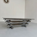 Space coffee table from the 70s, tubular metal and glass, Italian design