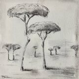 Painting signed charcoal on canvas with wooden frame “provence umbrella pines”