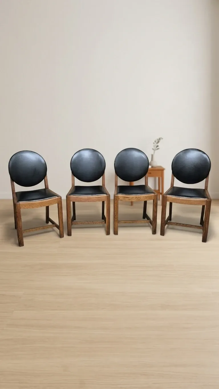 Set of four vintage wooden dining chairs with black leather upholstery, 85 × 45 × 45 cm