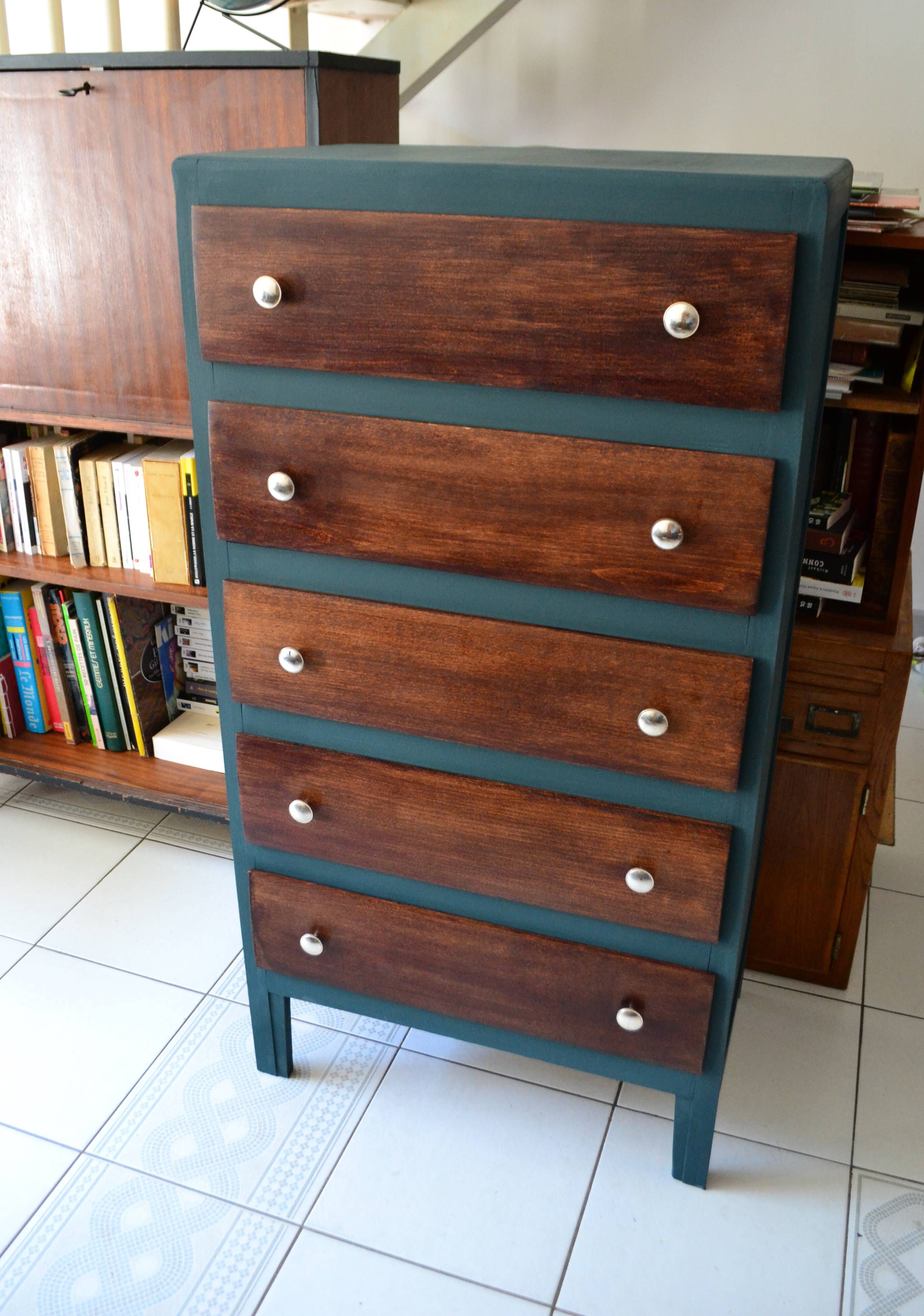 Chiffonnier vintage chêne commode vert anglais