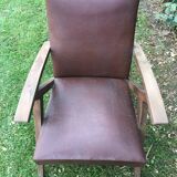 Fauteuil  en bois et simili cuir marron