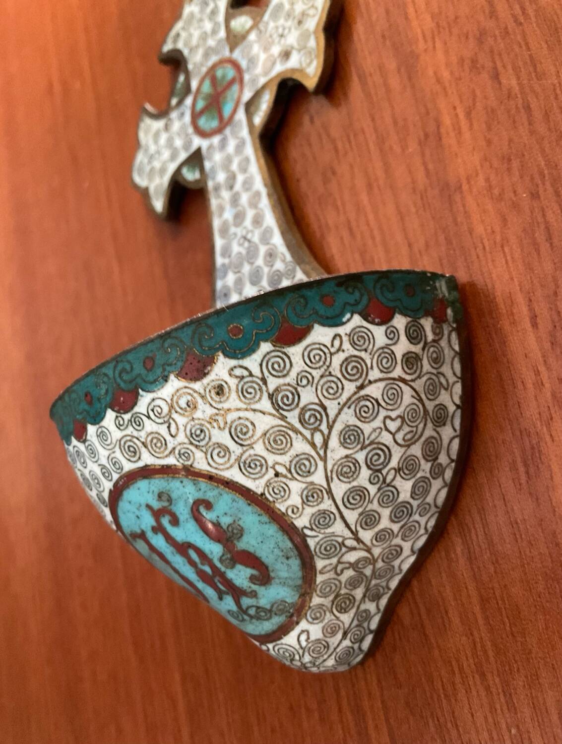 Ancient bronze and cloisonné enamel holy water font