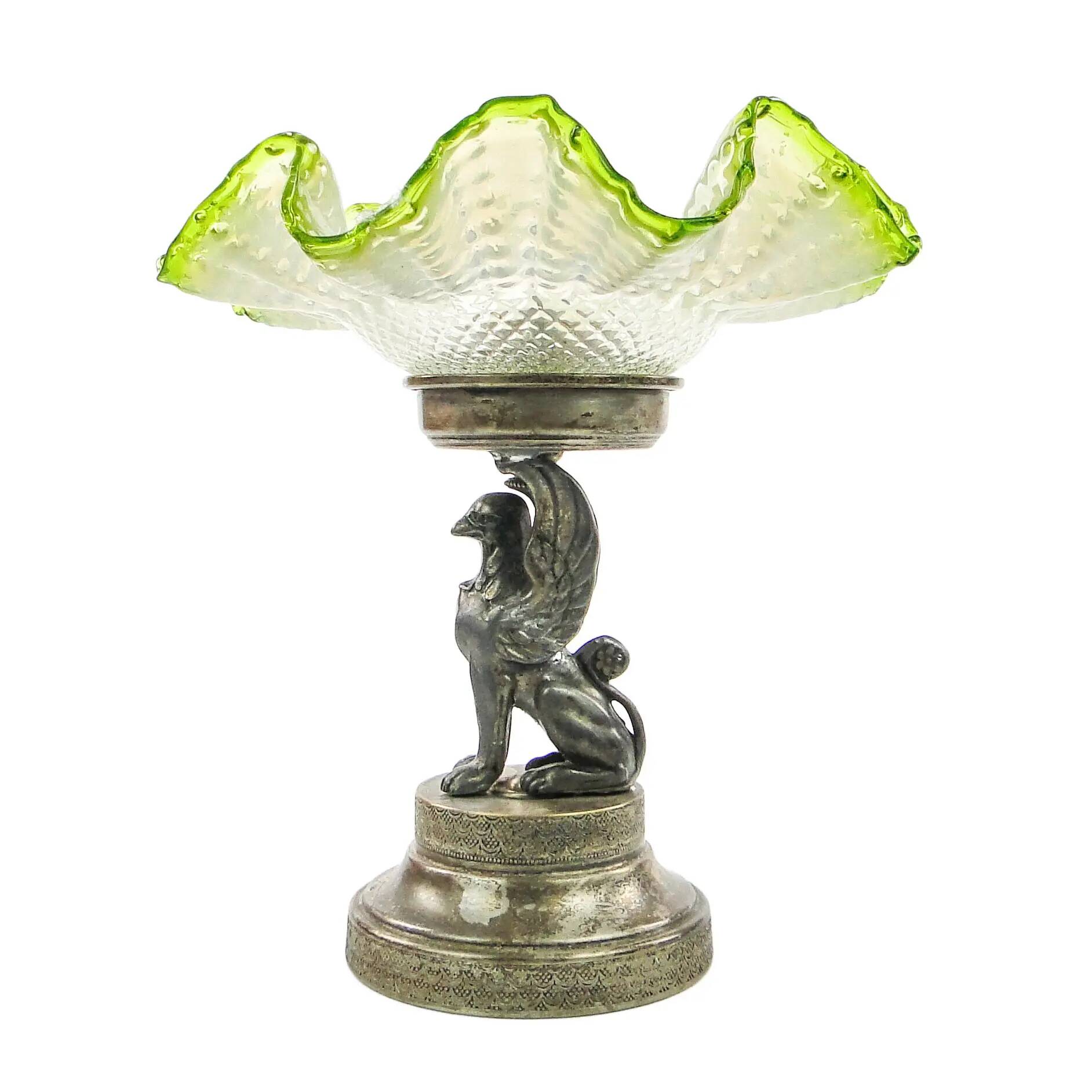 Neoclassical figural centerpiece with griffin, silver-plated pewter, silver-plated brass, Plewkiewicz manufactory, Poland, early 20th century
