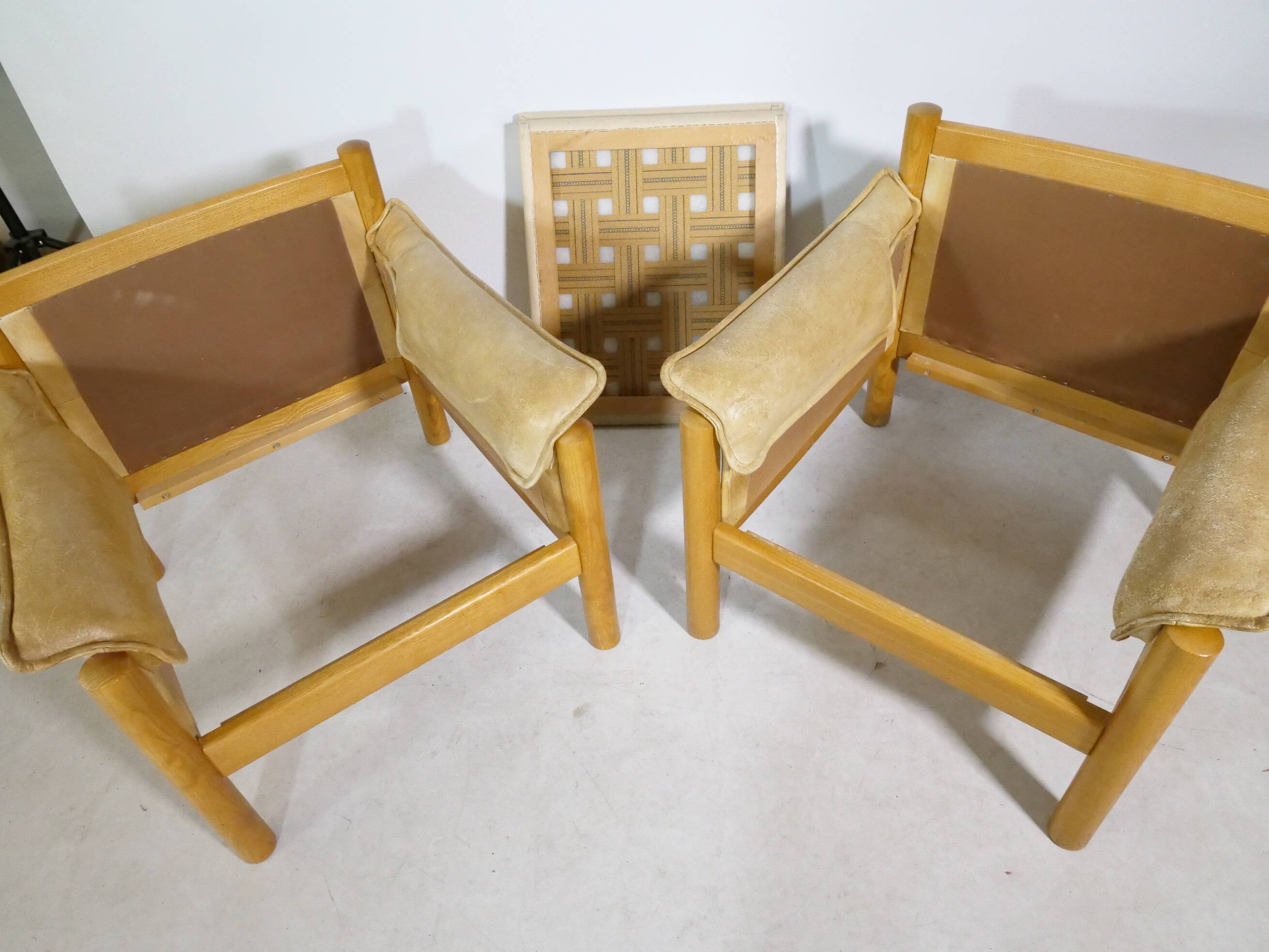 Mid-Century Camel Leather Armchairs with Ottomans, Set of 2, 1970s