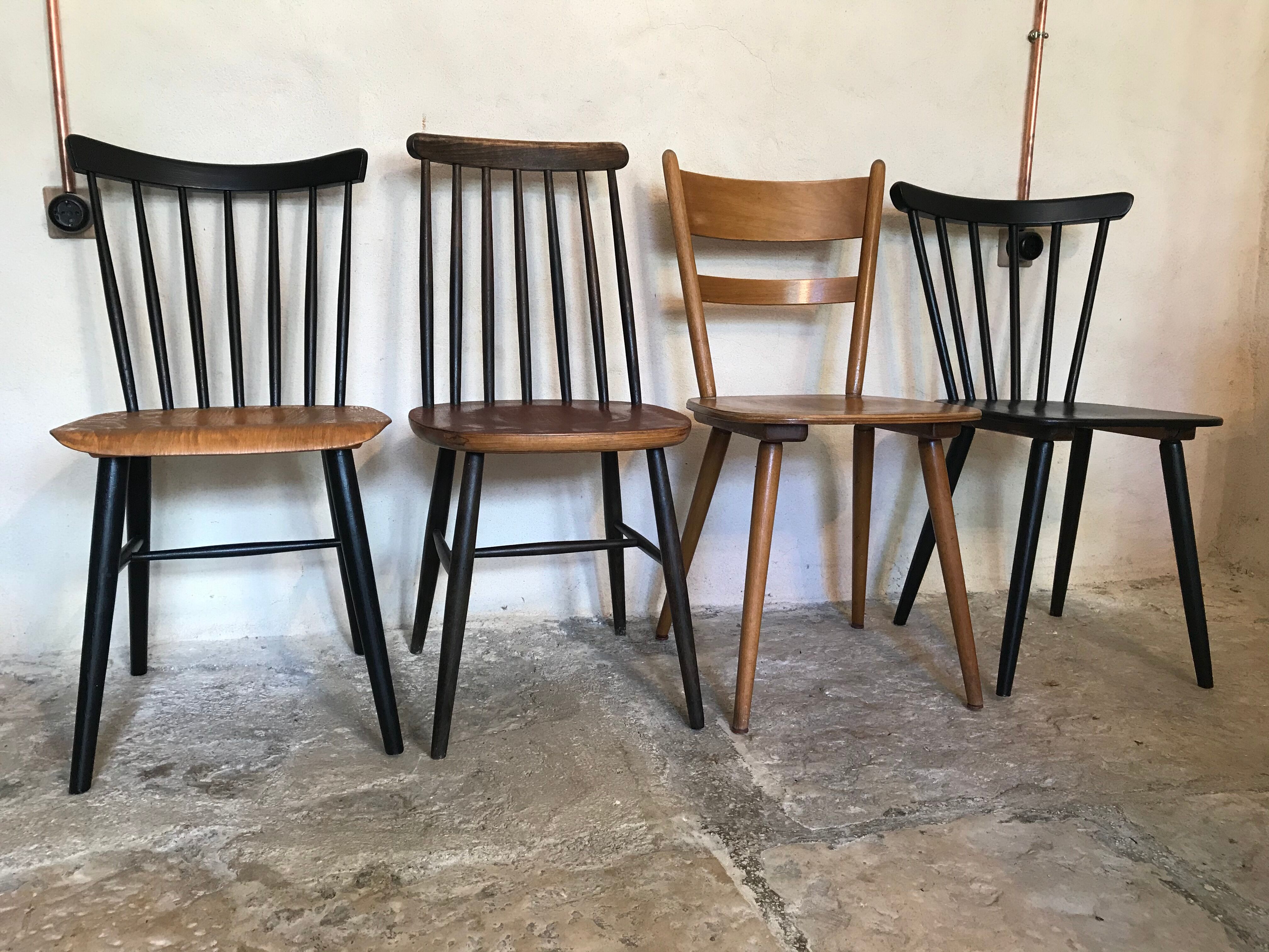Set of 4 mismatched vintage chairs compass feet