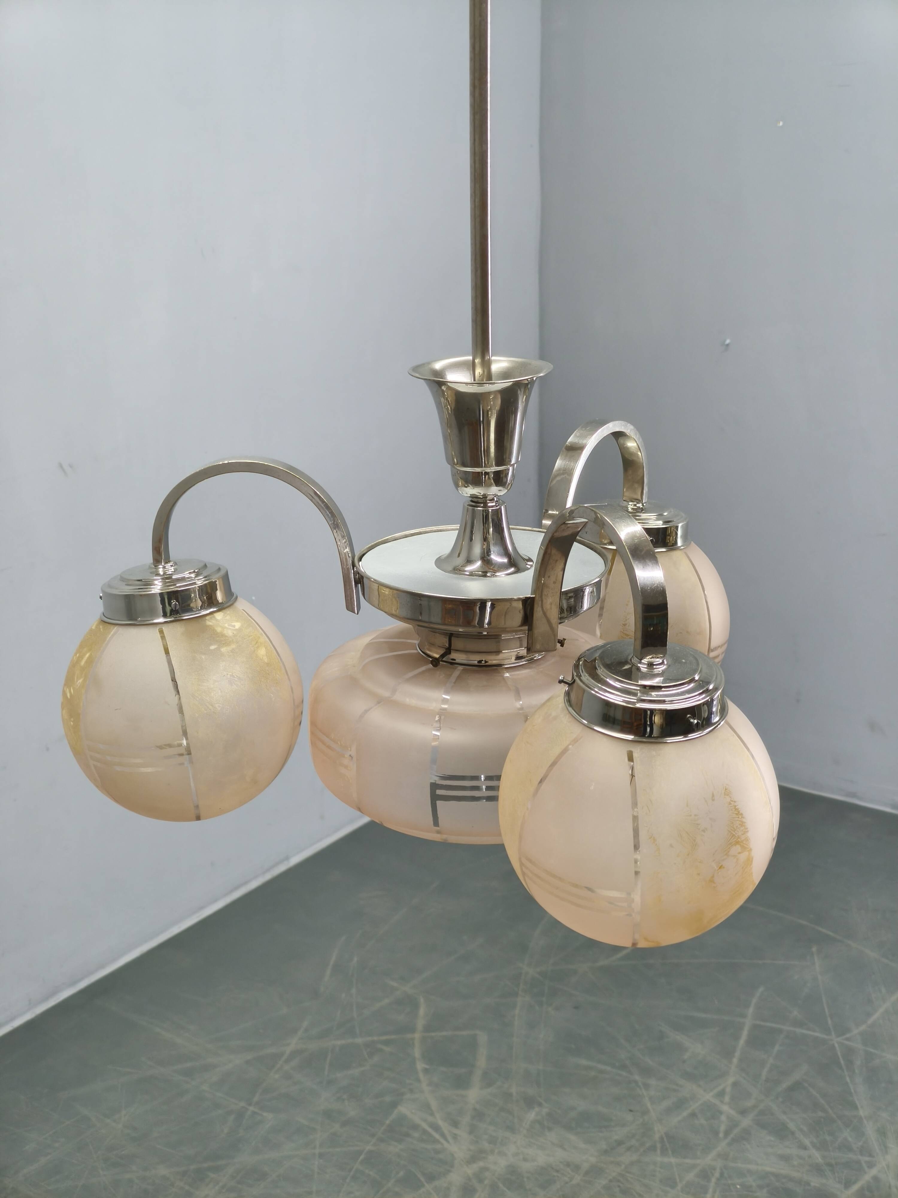Art Deco Pink Glass Chandelier, Czechoslovakia, 1940s