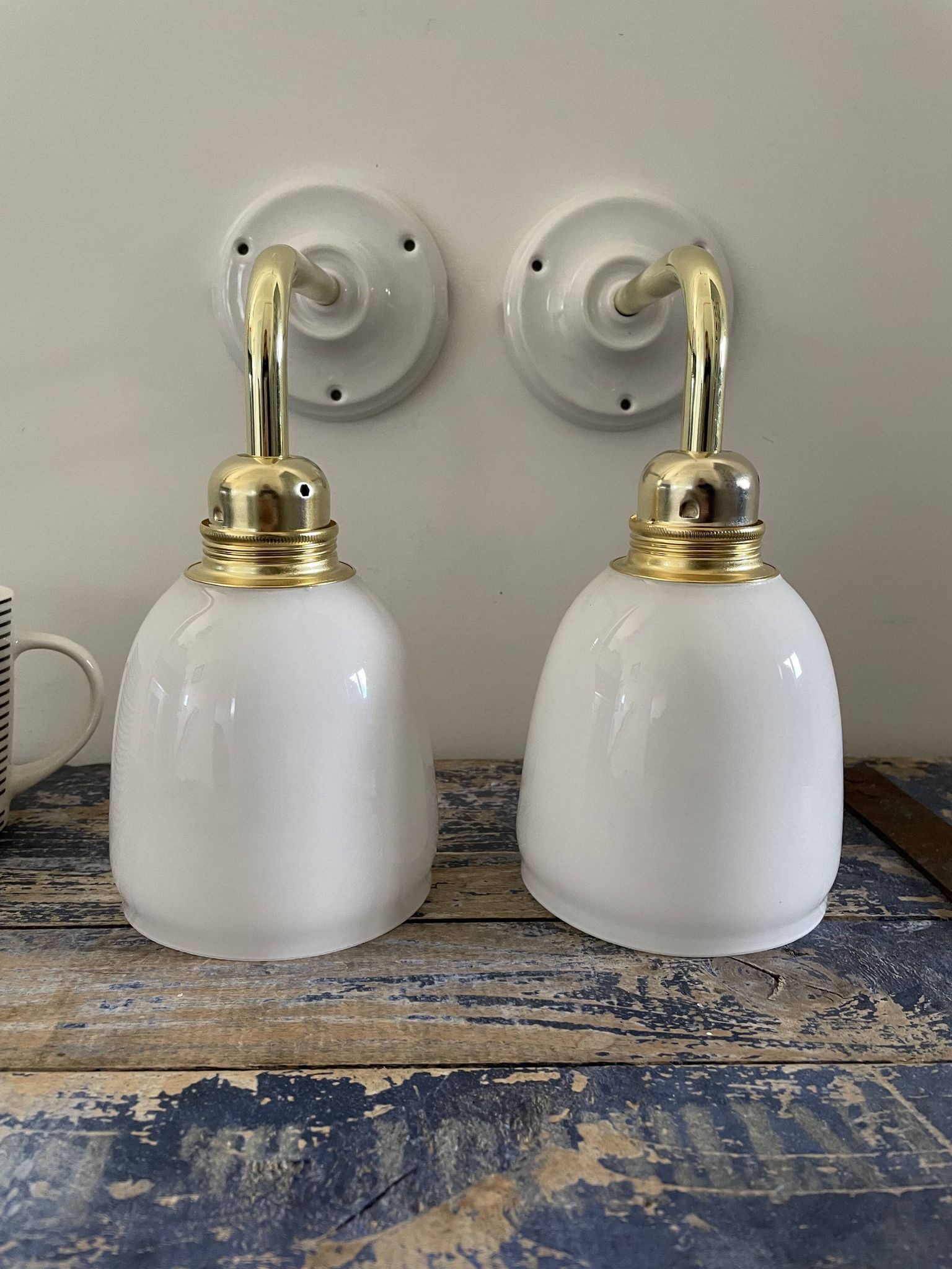Pair of vintage white opaline sconces restored