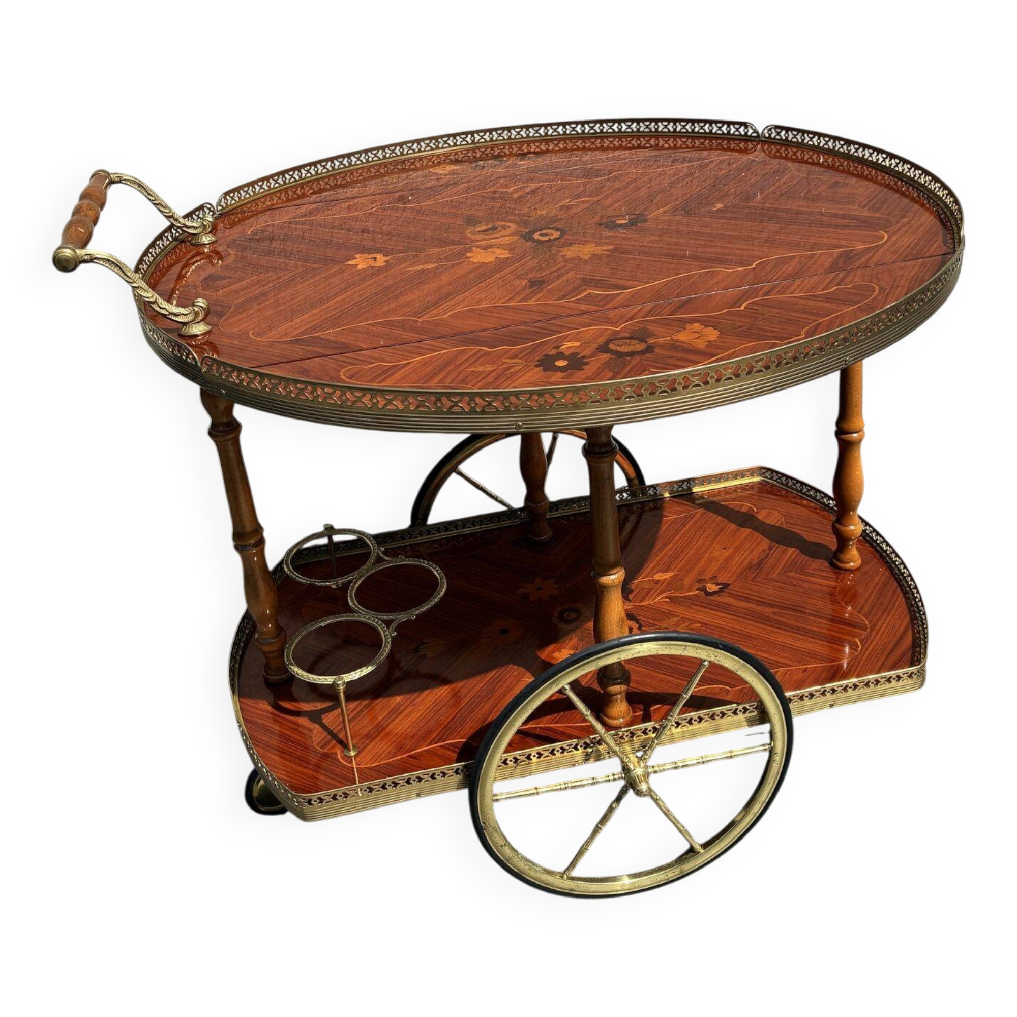Italian marquetry and brass drinks trolley, mid-20th century