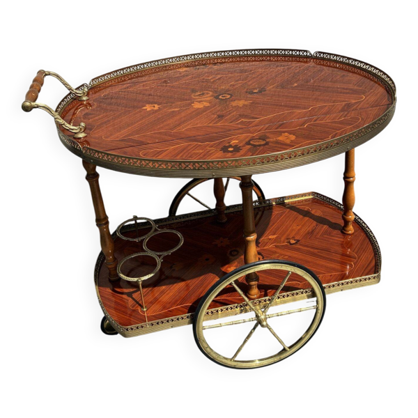 Chariot à boissons en marqueterie italienne et laiton, milieu du 20e siècle