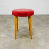 Baumann bistro stool wood and imitation red leather 60s