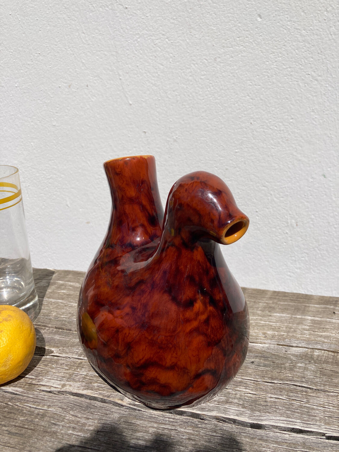 Zoomorphic pitcher bird / hen 1970 glazed ceramic brown and yellow