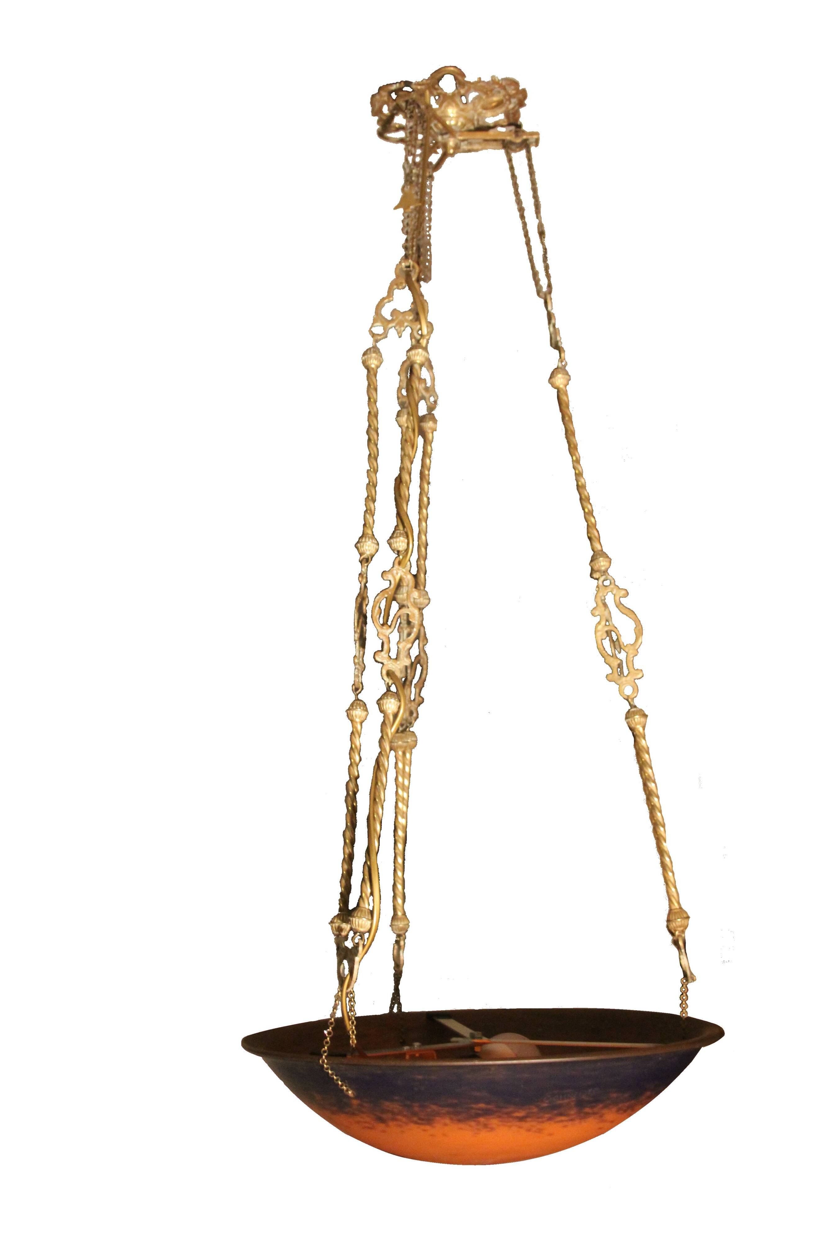 Large glass paste and brass chandelier in Art Deco style.