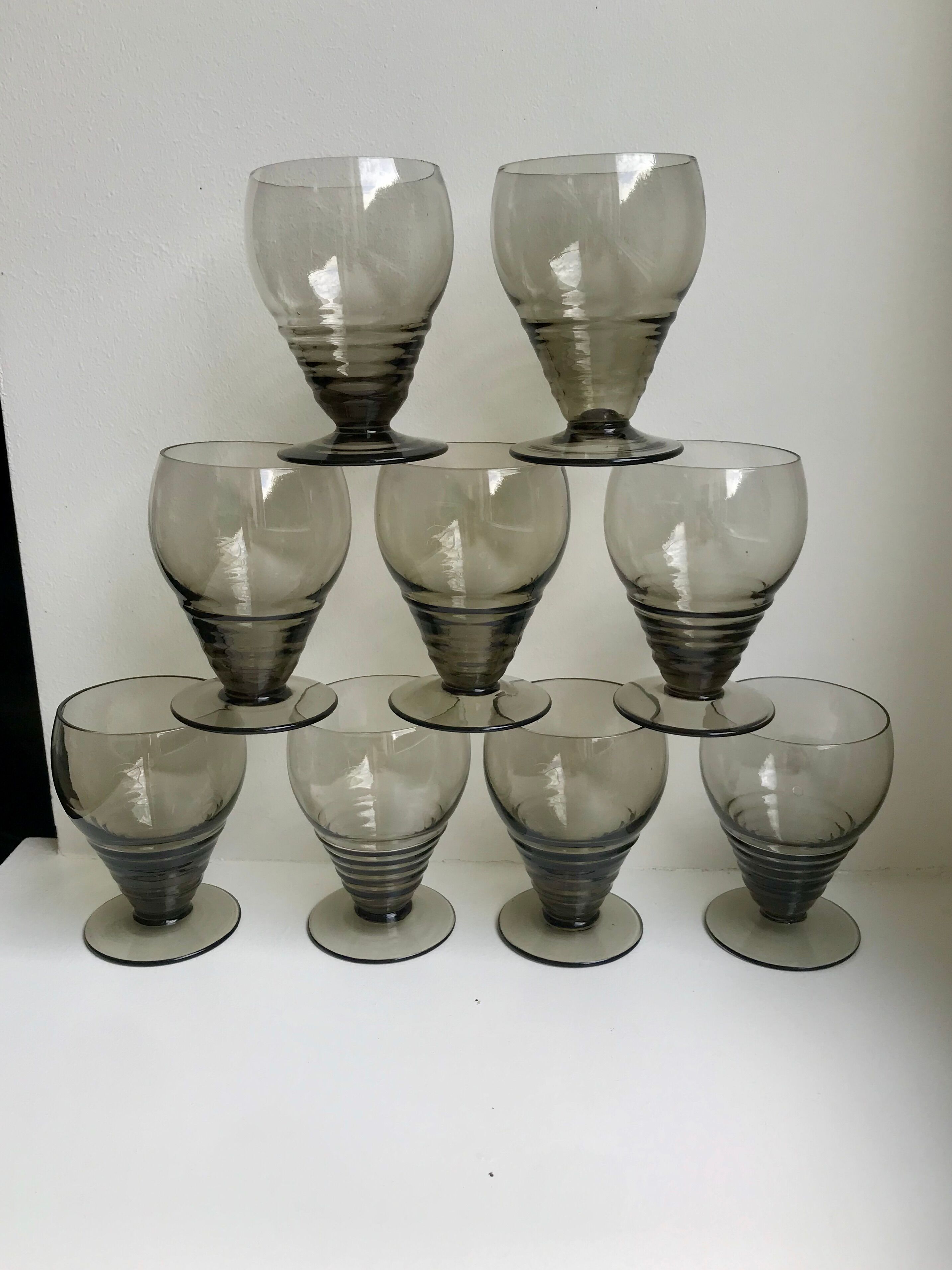 Set of 9 art deco liqueur glasses in smoked glass 30-40s