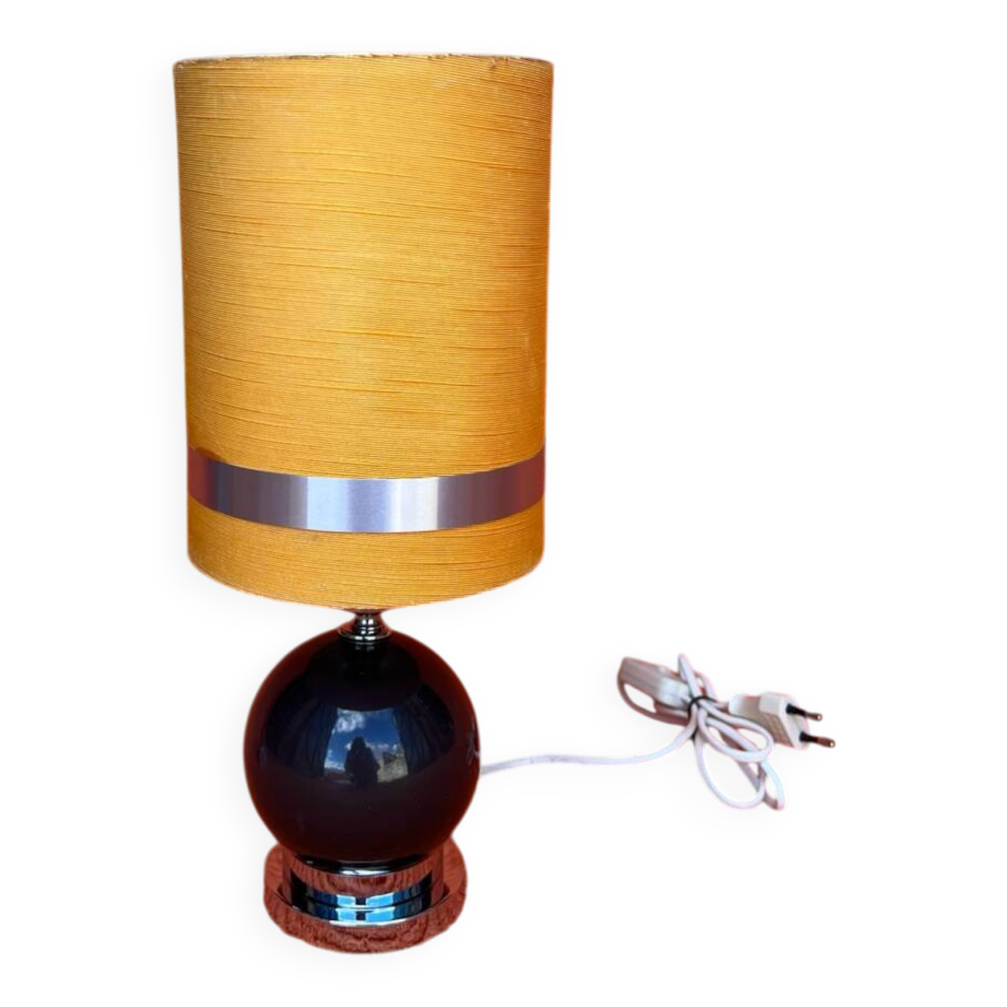 VINTAGE 1970 TABLE LAMP CHROME BASE & BROWN RESIN BALL SHADE
