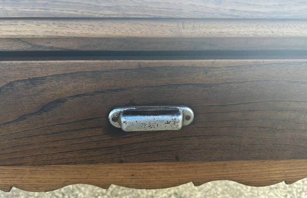 Solid oak farmhouse table, one drawer, vintage, early 20th century.