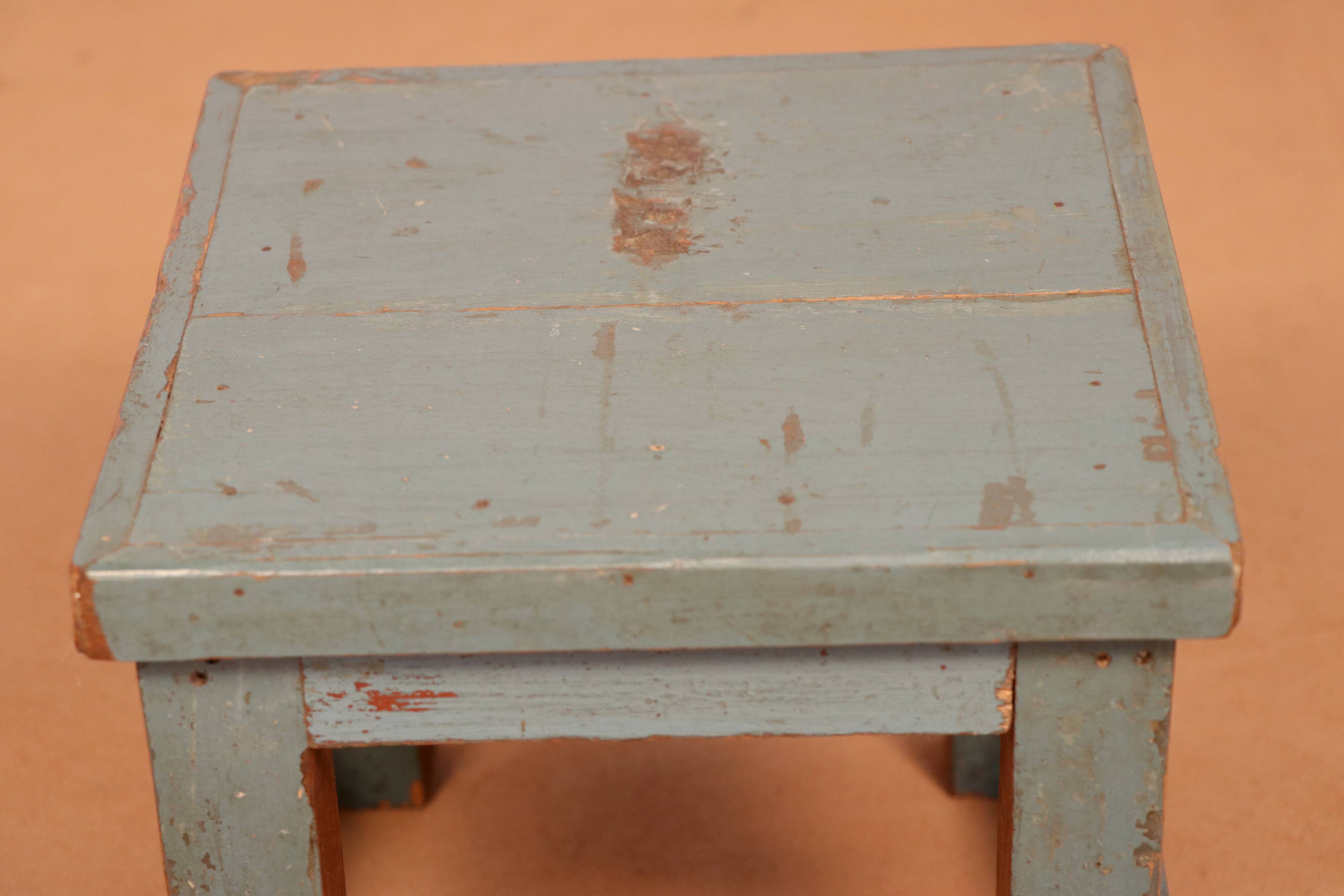 Old workshop bedside table in original blue patina burmese teak