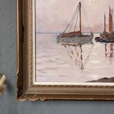 Mid-Century Modern Swedish "Coastal Sunset" Vintage Seascape Oil Painting, Framed