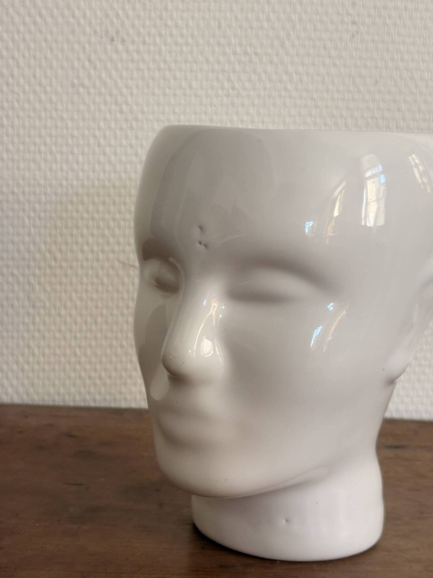 White Ceramic Vase Pot Male Head Minimalist Face Vintage Design