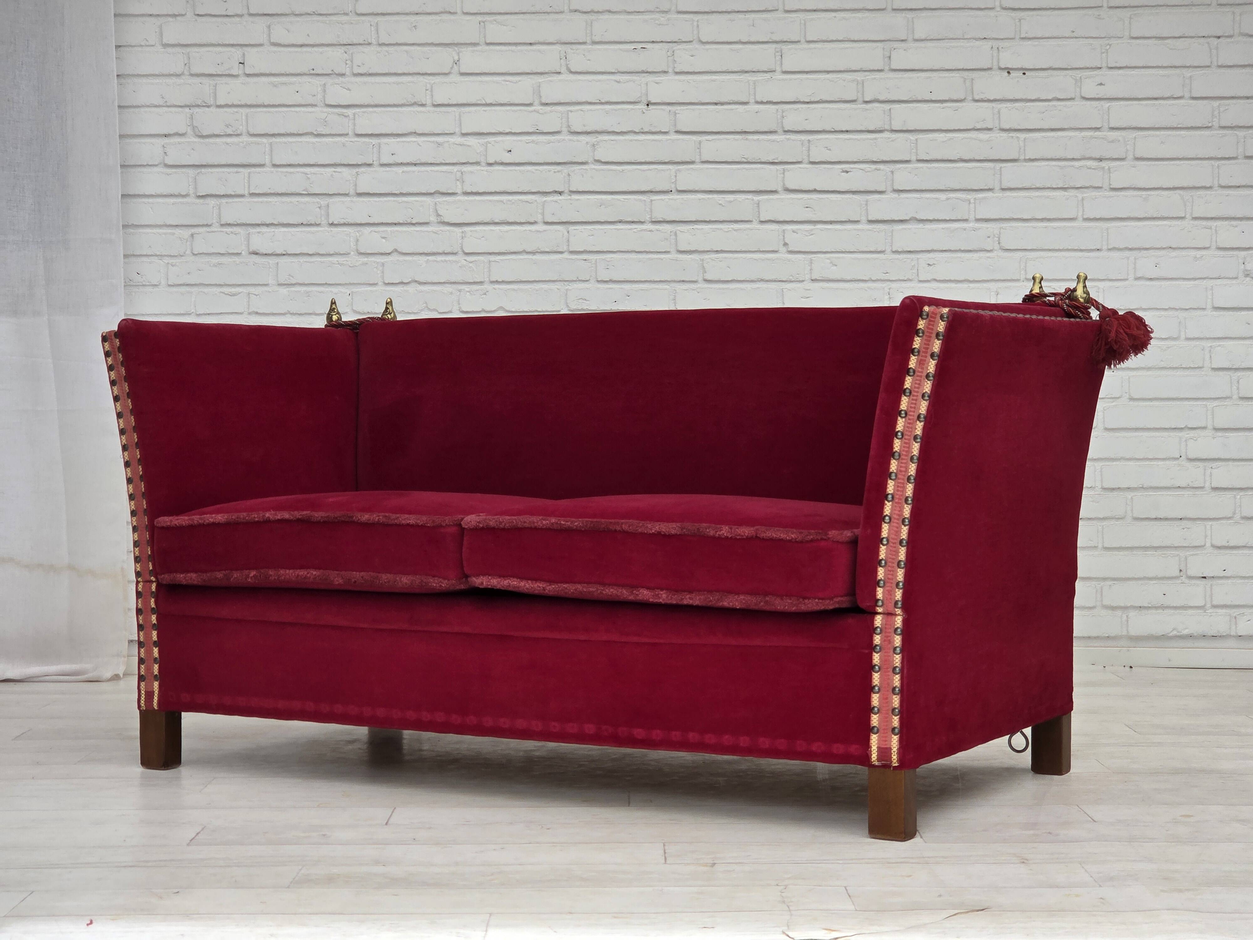 1970s, Danish 2-seater "Spanish" drop arm sofa, red furniture velour.