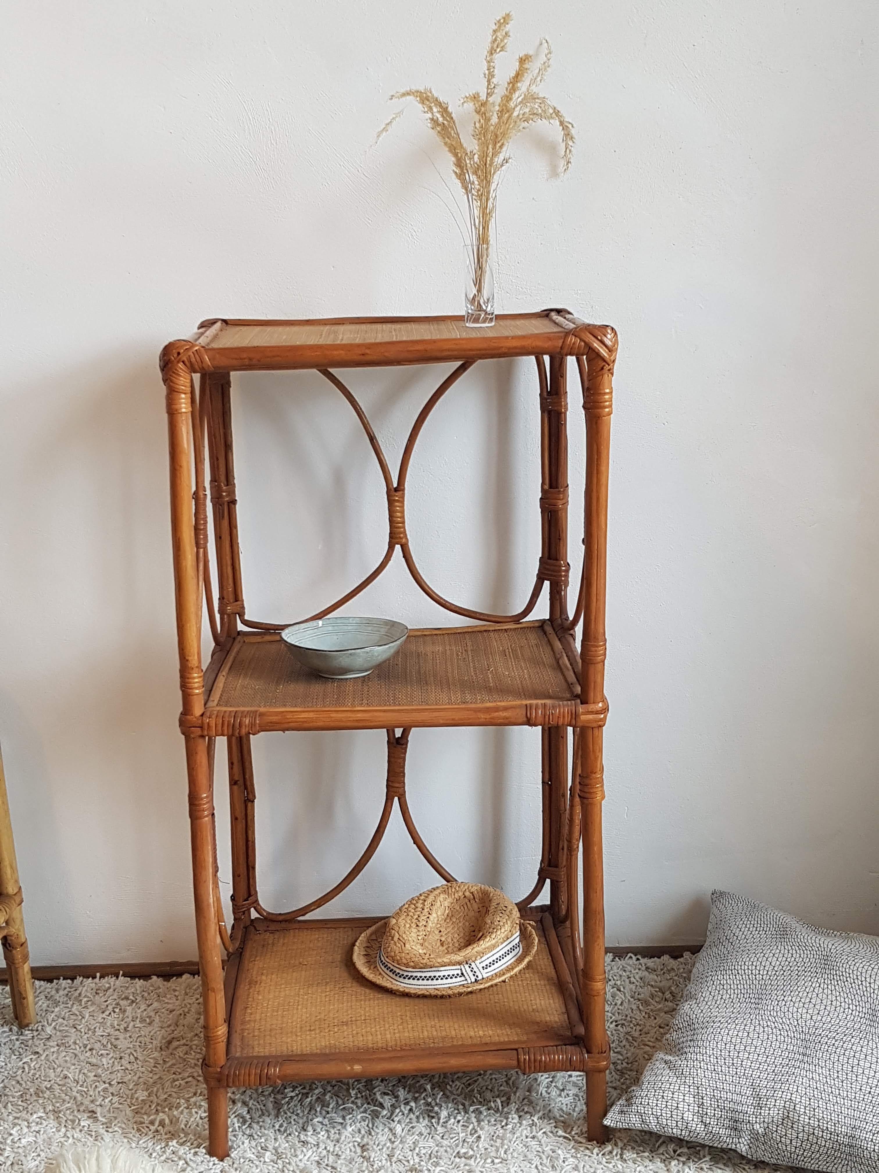 Etagères triple rotin et osier vintage