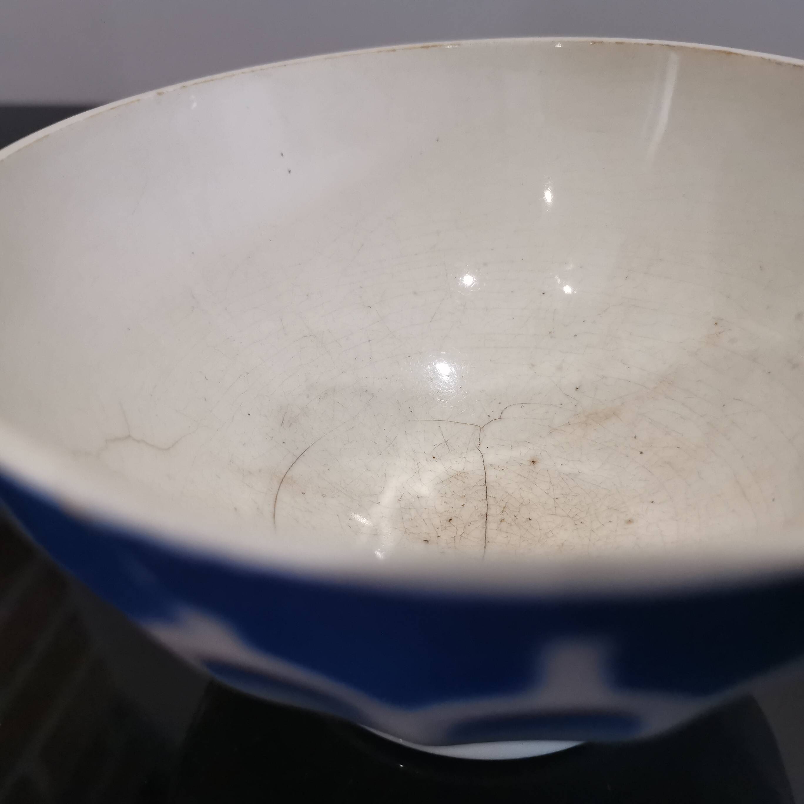 Vintage Earthenware Bowl Blue Stencil Decor, Art Deco Digoin/Sarreguemines