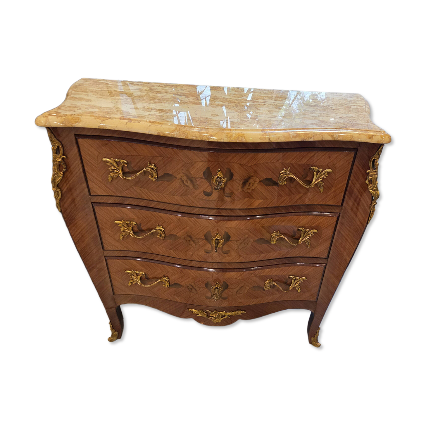 Louis XV style commode with marquetry and marble.