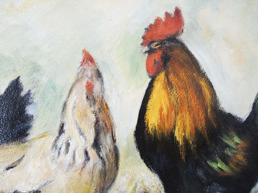 Oil on wood framed and signed Henri Merlet rooster & hen